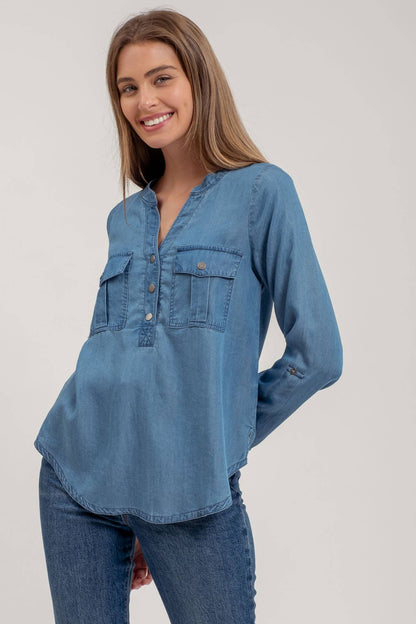 Chambray V-Neck Half Button Long Sleeve Top