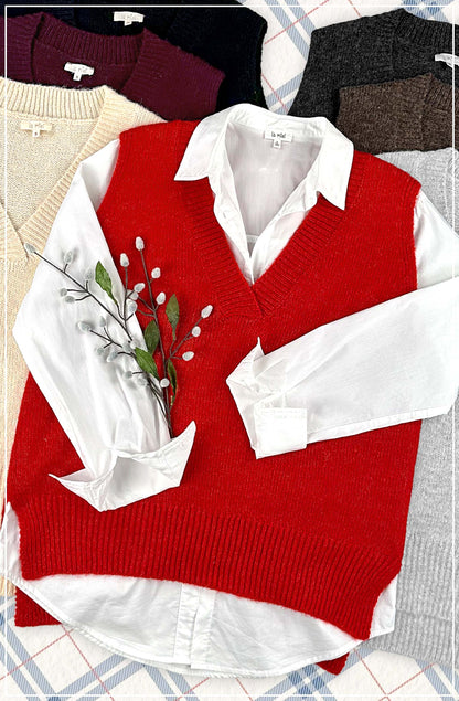 Oversized Soft Knit Sweater Vest with Side Slit - Whimsical Details - ["black sweater","sweater","Sweater Vest","v neck","vest"]