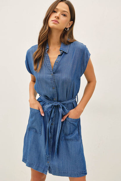 Mini Denim Look Tencel Button Up Dress With Pockets