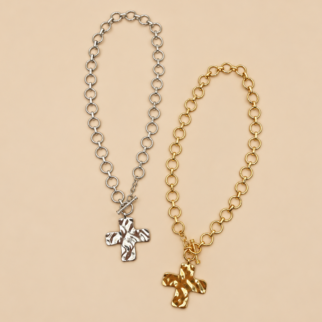 Kara Hammered Cross Front Toggle Necklace