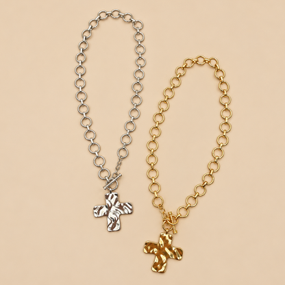 Kara Hammered Cross Front Toggle Necklace