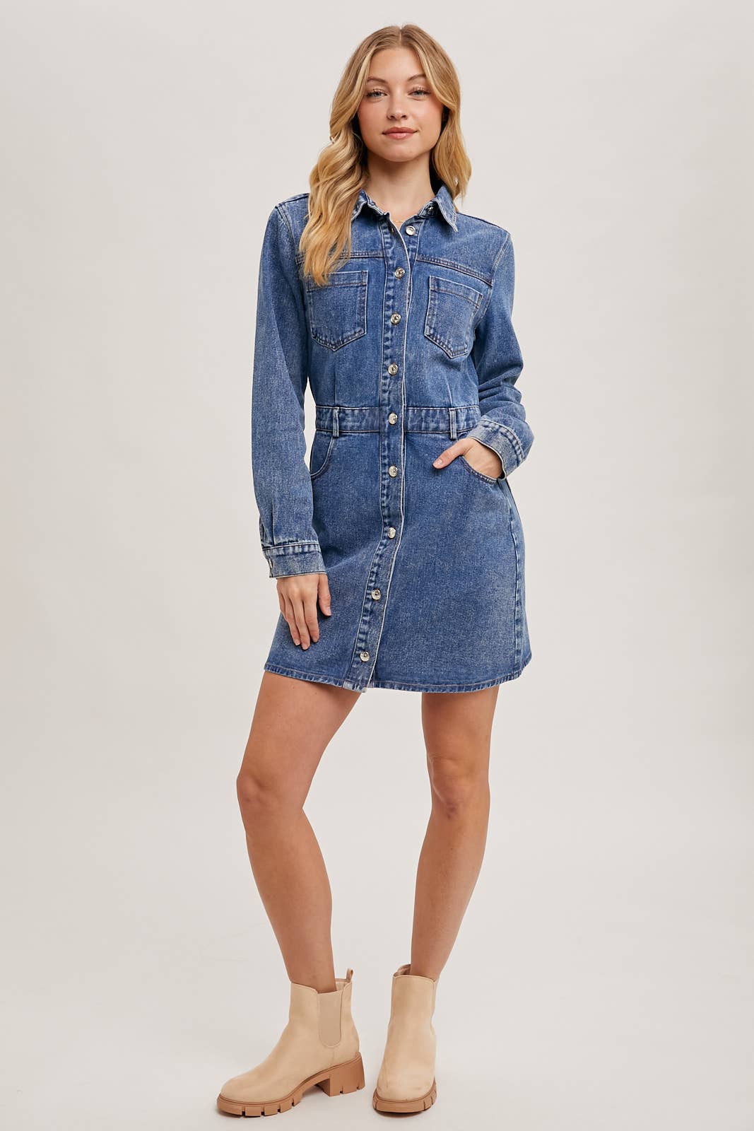 Denim Button Down Mini Dress - Whimsical Details - denim dress, Long sleeve, transition