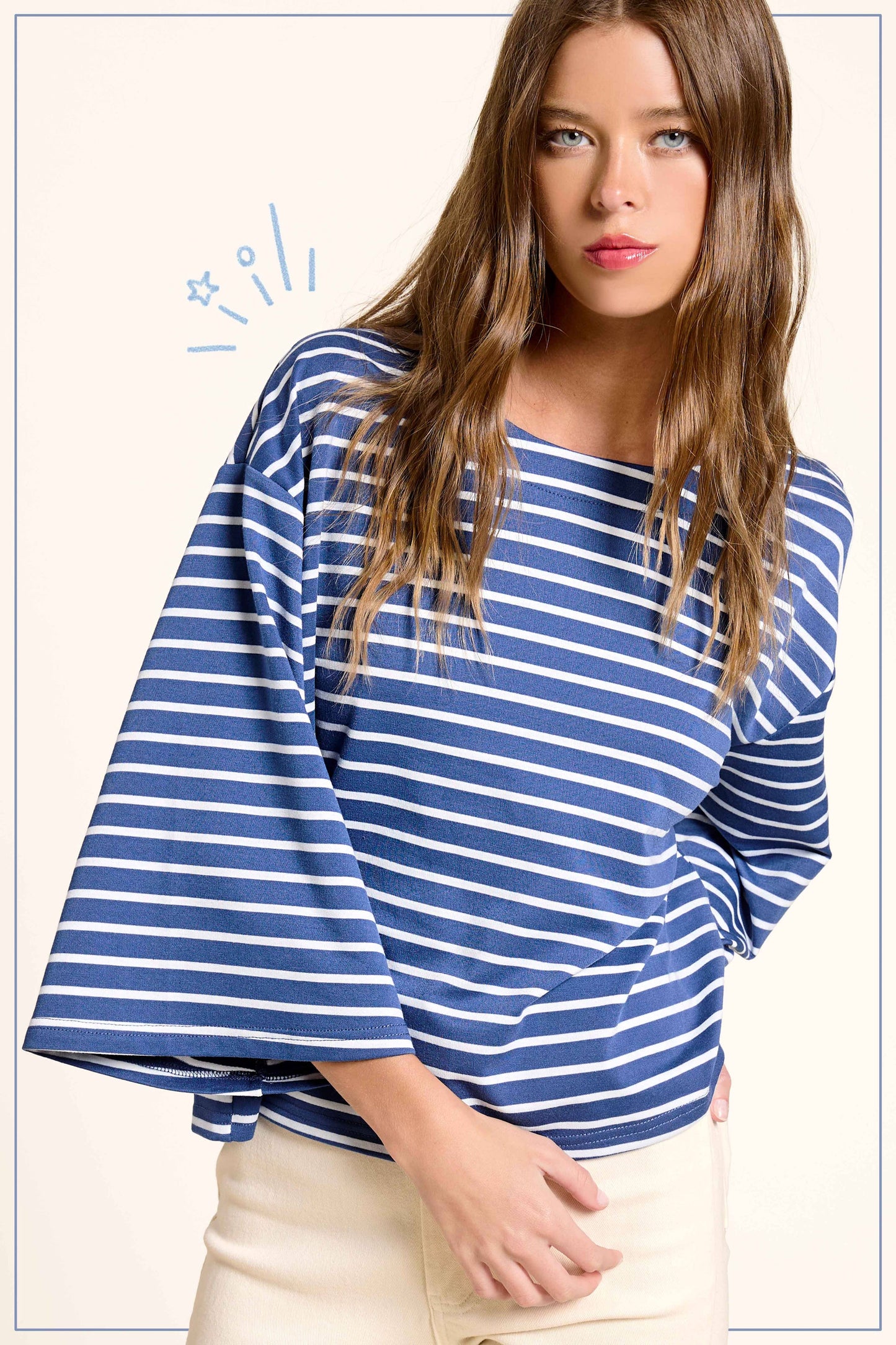 Striped Semi Crop Top with 3/4 Bell Sleeves