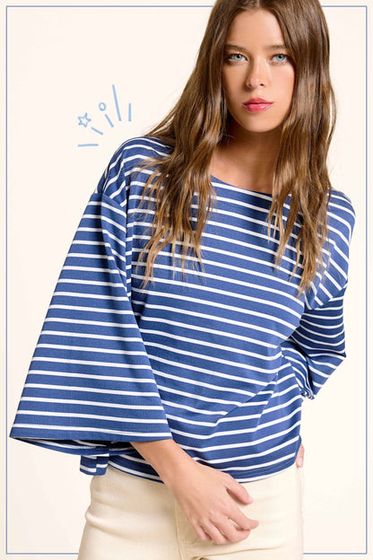 Striped Semi Crop Top with 3/4 Bell Sleeves
