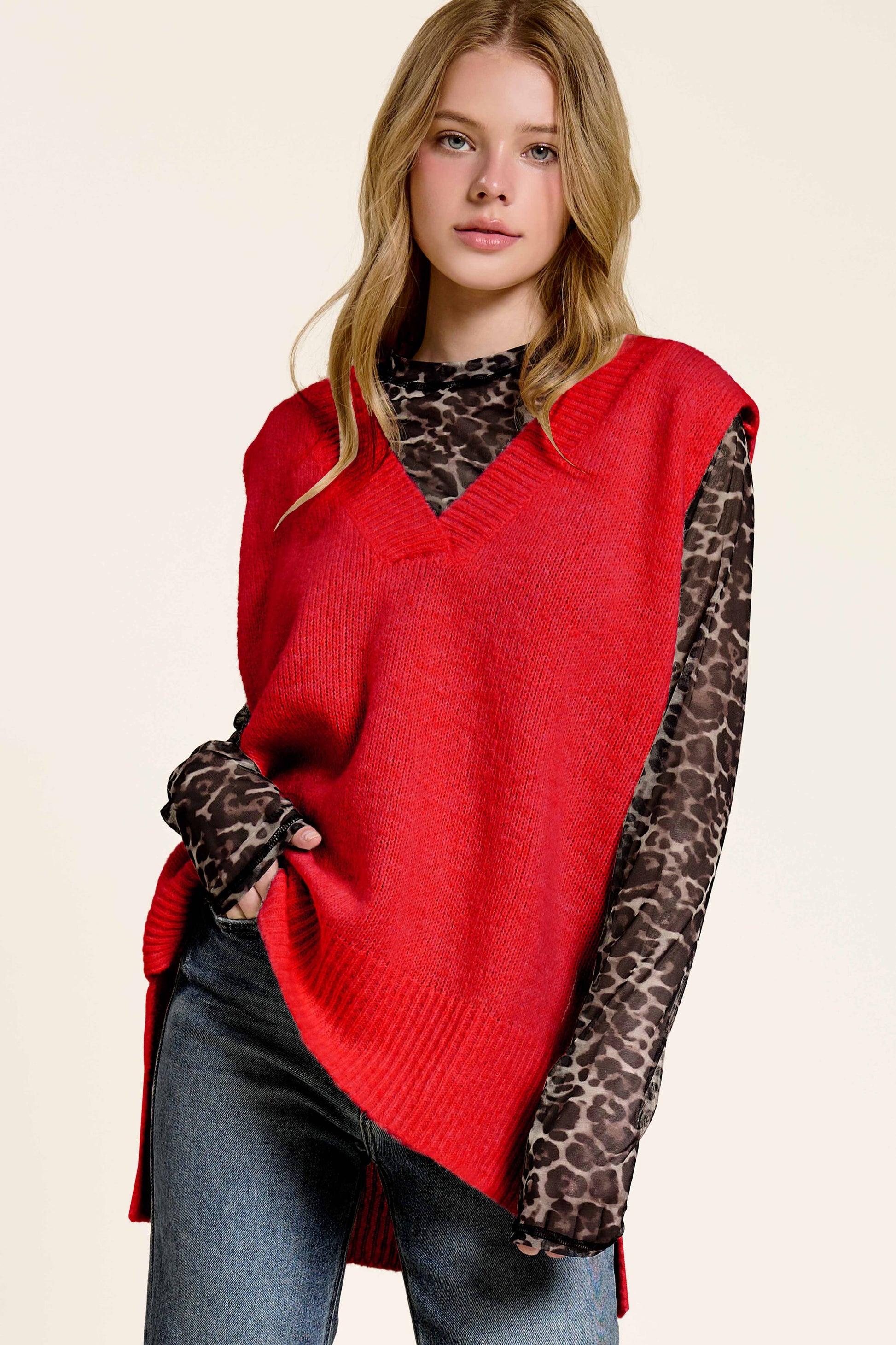 Oversized Soft Knit Sweater Vest with Side Slit - Whimsical Details - ["black sweater","sweater","Sweater Vest","v neck","vest"]