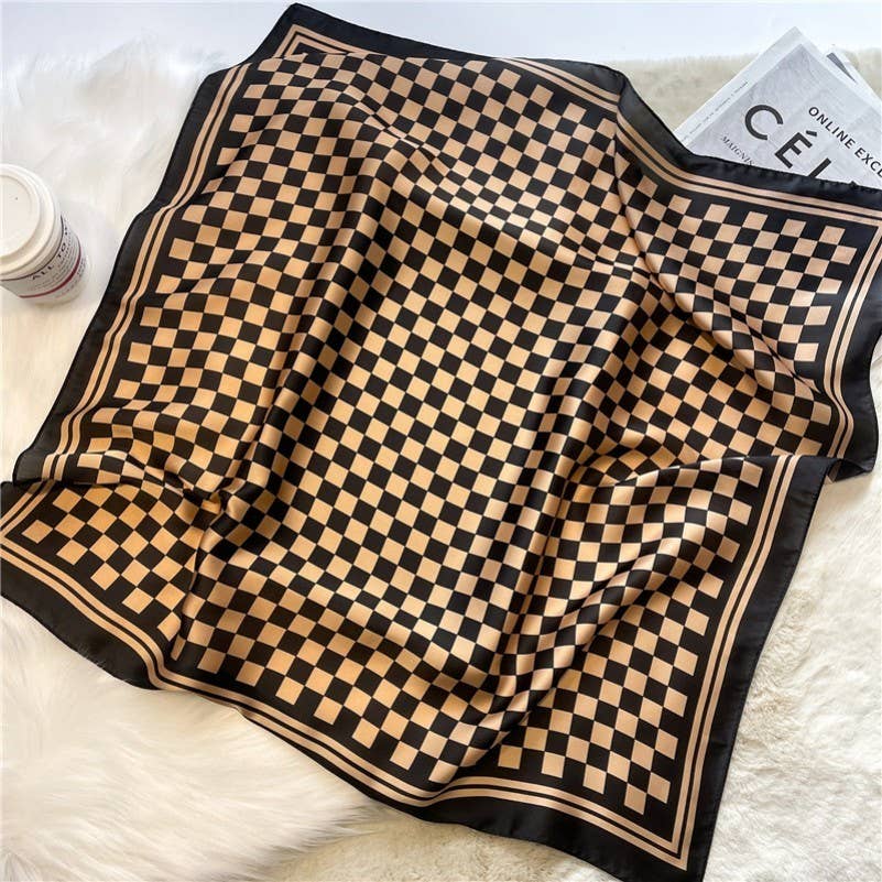 Large Checkered Print Silky Scarf