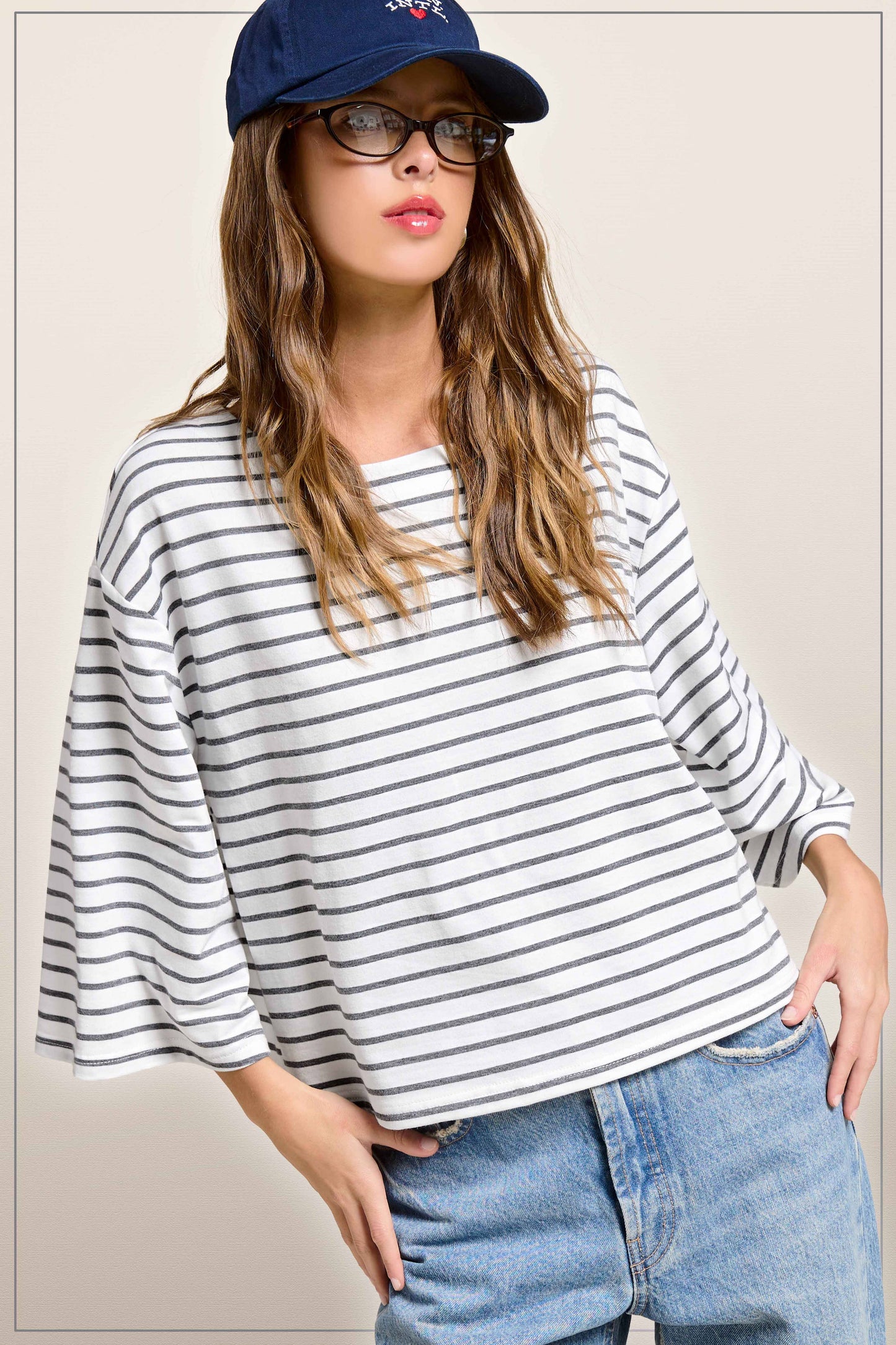 Striped Semi Crop Top with 3/4 Bell Sleeves