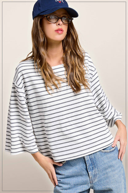 Striped Semi Crop Top with 3/4 Bell Sleeves