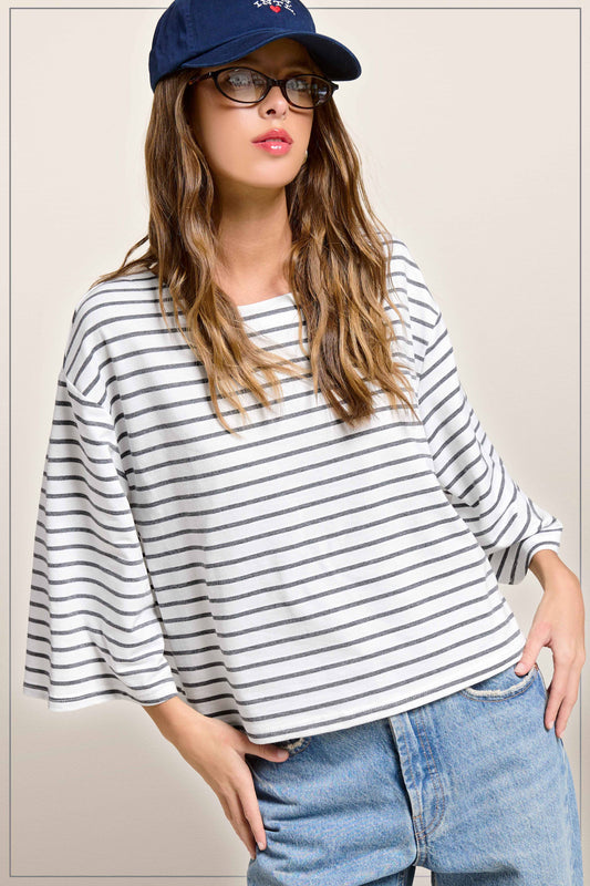 Striped Semi Crop Top with 3/4 Bell Sleeves