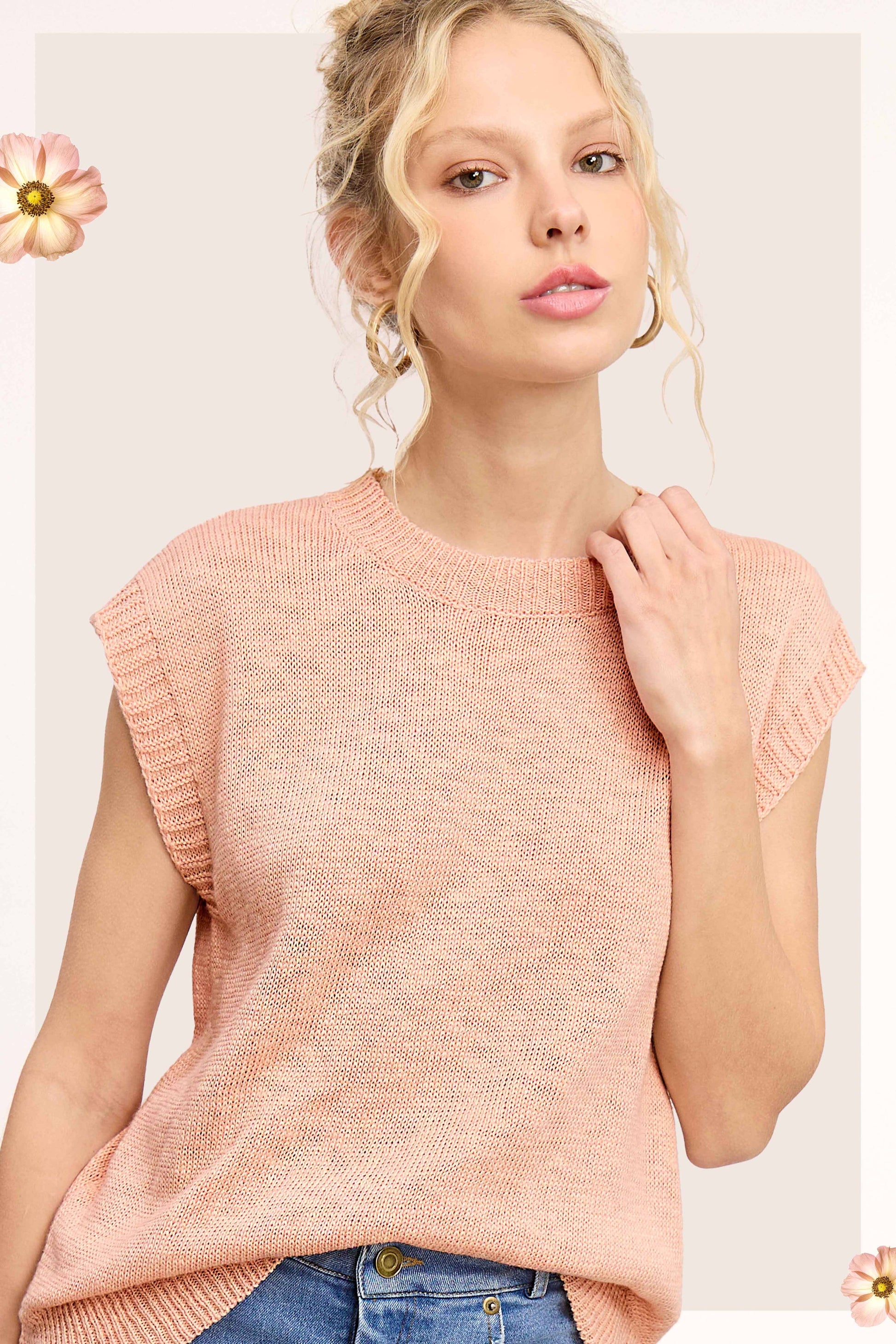 Loose Fit Sleeveless Ribbed Knit Crew Neck Top - Whimsical Details - ["Milk","sweater Tank","tank","tank top"]