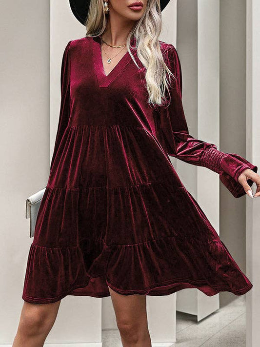 A-Line Long Sleeves Pleated Solid Color Velvet V-Neck Mini Dress - Whimsical Details - ["burgundy","holiday","red","textured","velvet","winter"]