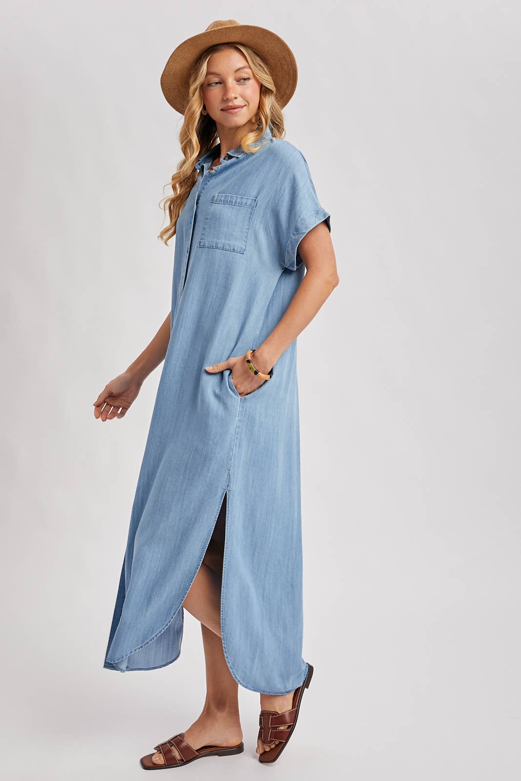 Denim Button Down Side Slit Shirt Maxi Dress