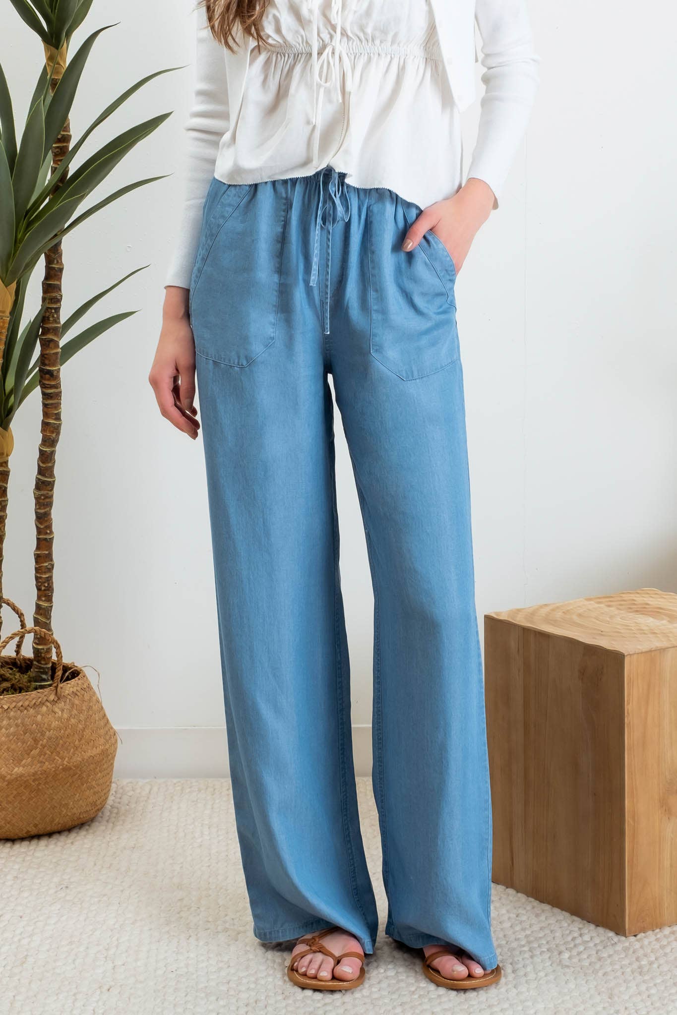 CHAMBRAY HIGH WAIST DRAWSTRING PANTS - Whimsical Details - 