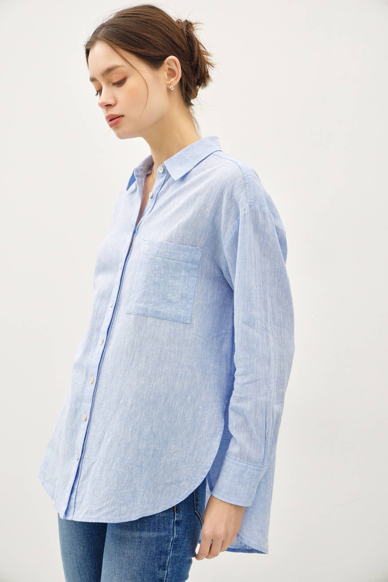 COTTON LINEN BLEND LONG SLEEVE BUTTON UP SHIRT - Whimsical Details - ["button down","button up","buttons","denim shirt","Long sleeve","shirt"]