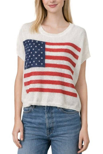 Vintage Flag Knit Tee - Whimsical Details - ["flag shirt","knit","knitted","shirt","t shirt","tshirt","white shirt"]