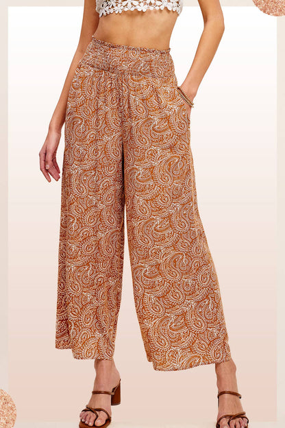 Boho Paisley Print Wide Leg Flowy Pants with Pockets - Whimsical Details - ["Flare pants","flouncy pants","pants","Spring"]