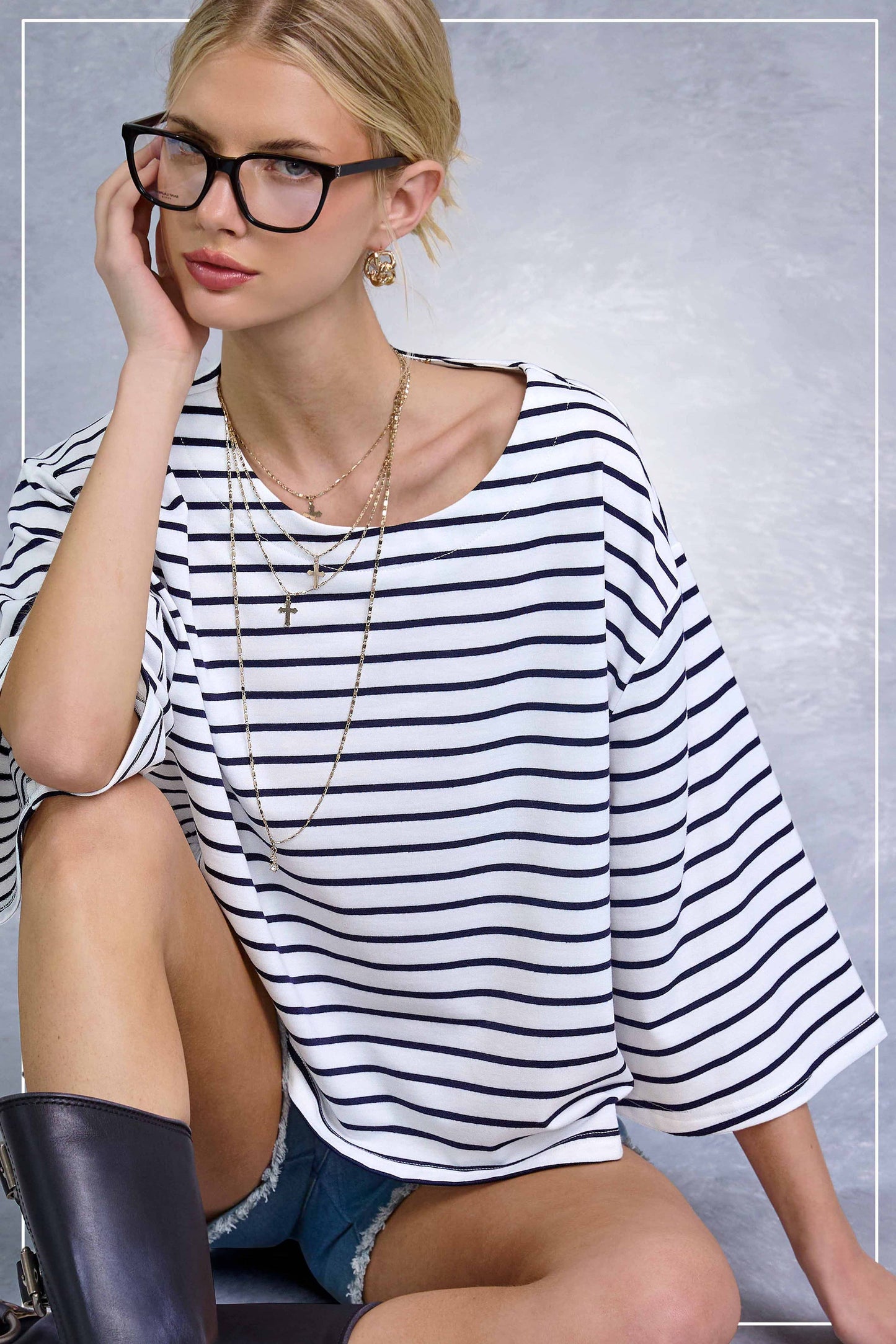 Striped Semi Crop Top with 3/4 Bell Sleeves