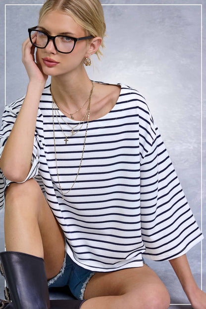 Striped Semi Crop Top with 3/4 Bell Sleeves