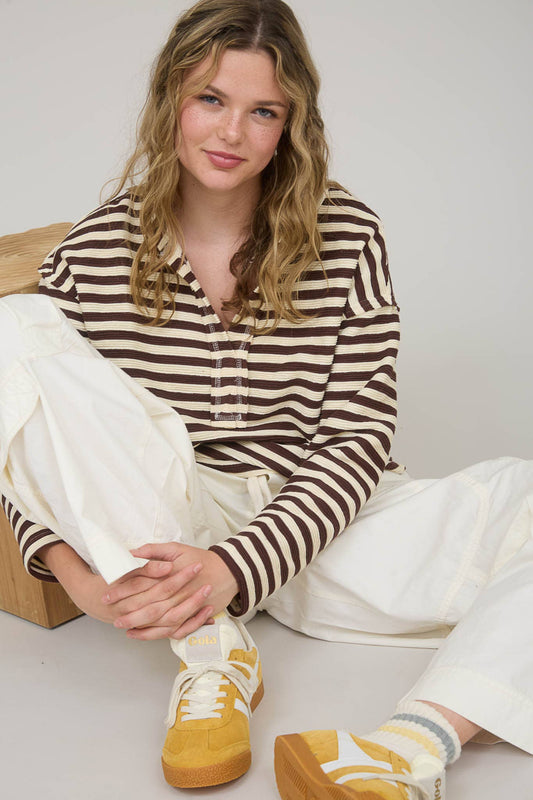 TEXTURED STRIPE SPLIT NECK LONG SLEEVE KNIT TOP