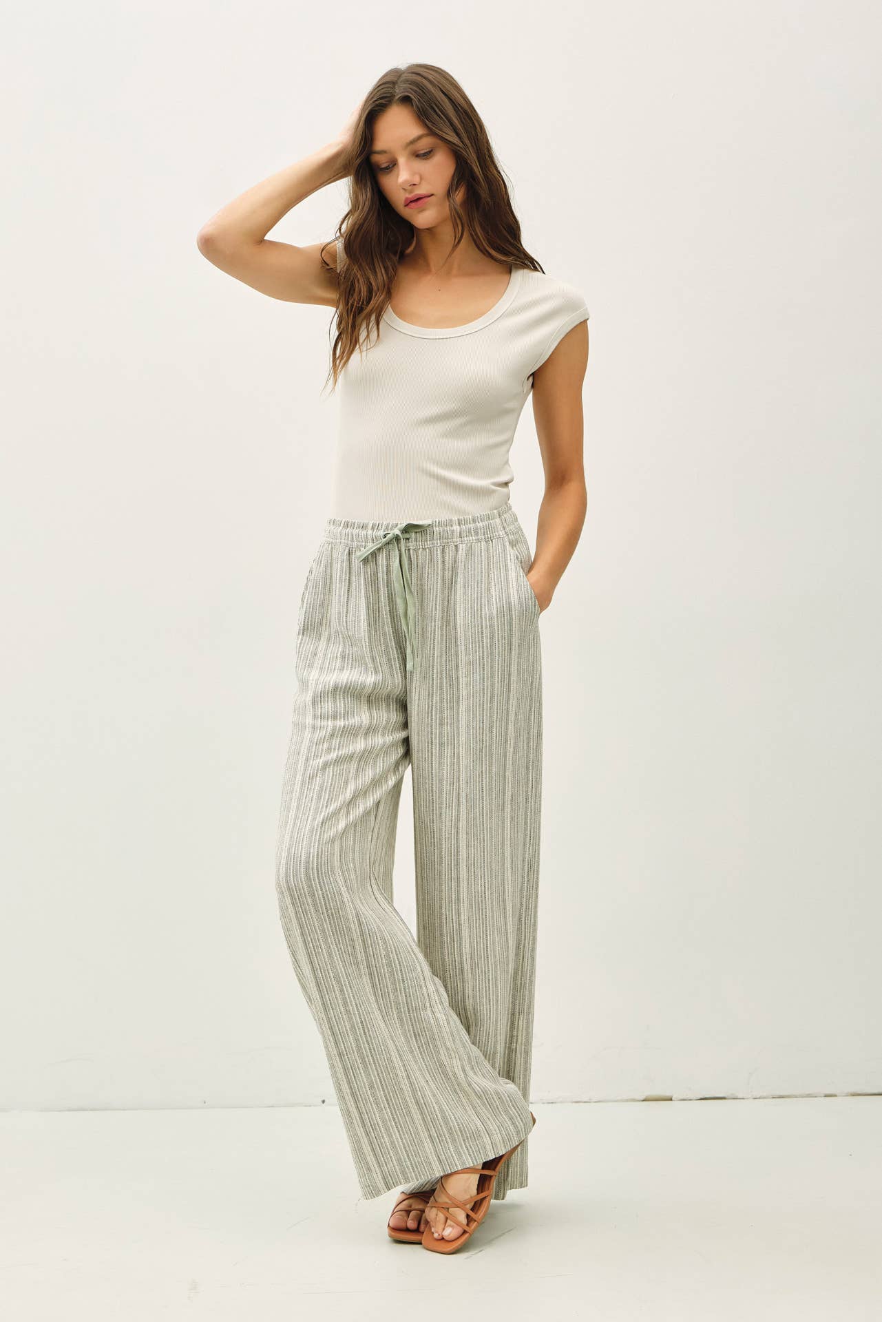 29" INSEAM STRIPED LINEN WIDE LEG PANTS - Whimsical Details - ["flouncy pants","green pants","linen pants","pants","stripe","striped","stripes","sweat pants"]
