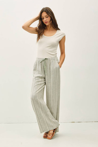 29" INSEAM STRIPED LINEN WIDE LEG PANTS - Whimsical Details - ["flouncy pants","green pants","linen pants","pants","stripe","striped","stripes","sweat pants"]