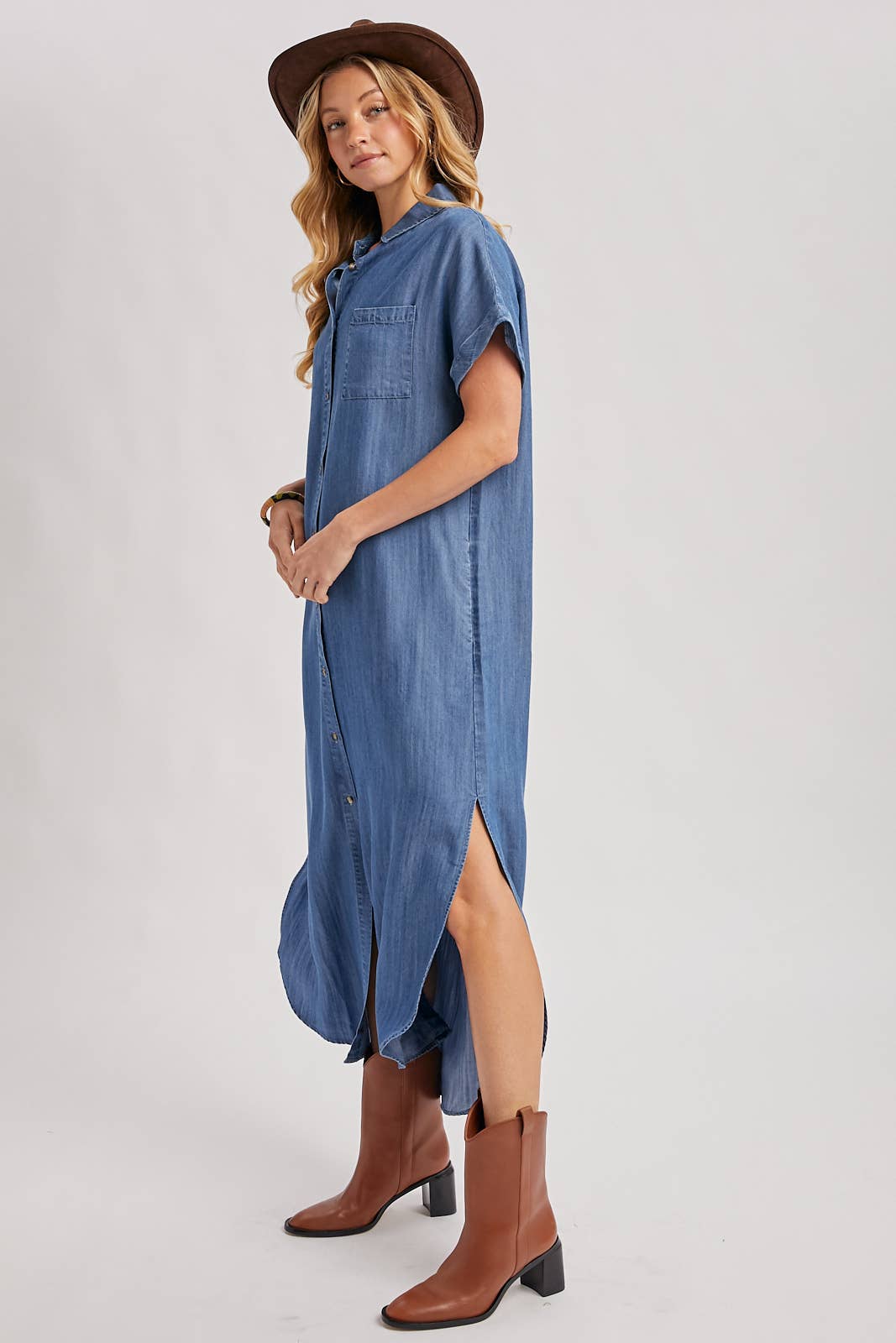 Denim Button Down Side Slit Shirt Maxi Dress