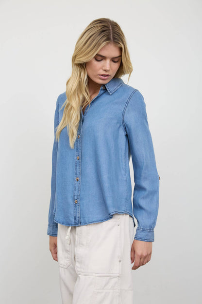Chambray Collared 3/4 Tab Sleeve Button Down