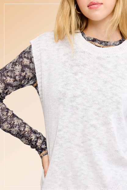 Loose Fit Sleeveless Ribbed Knit Crew Neck Top - Whimsical Details - ["Milk","sweater Tank","tank","tank top"]