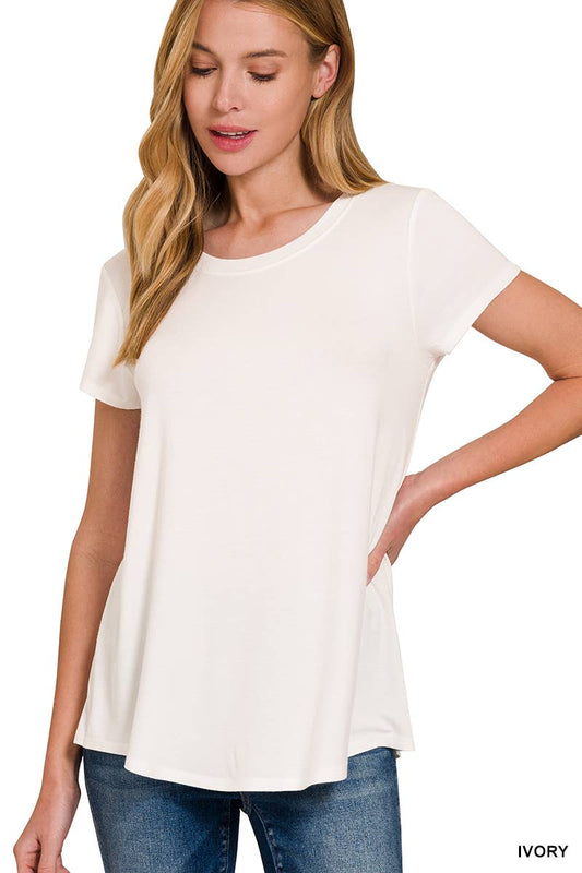 Flowy Round Hem Rayon Short Sleeve Top - Whimsical Details