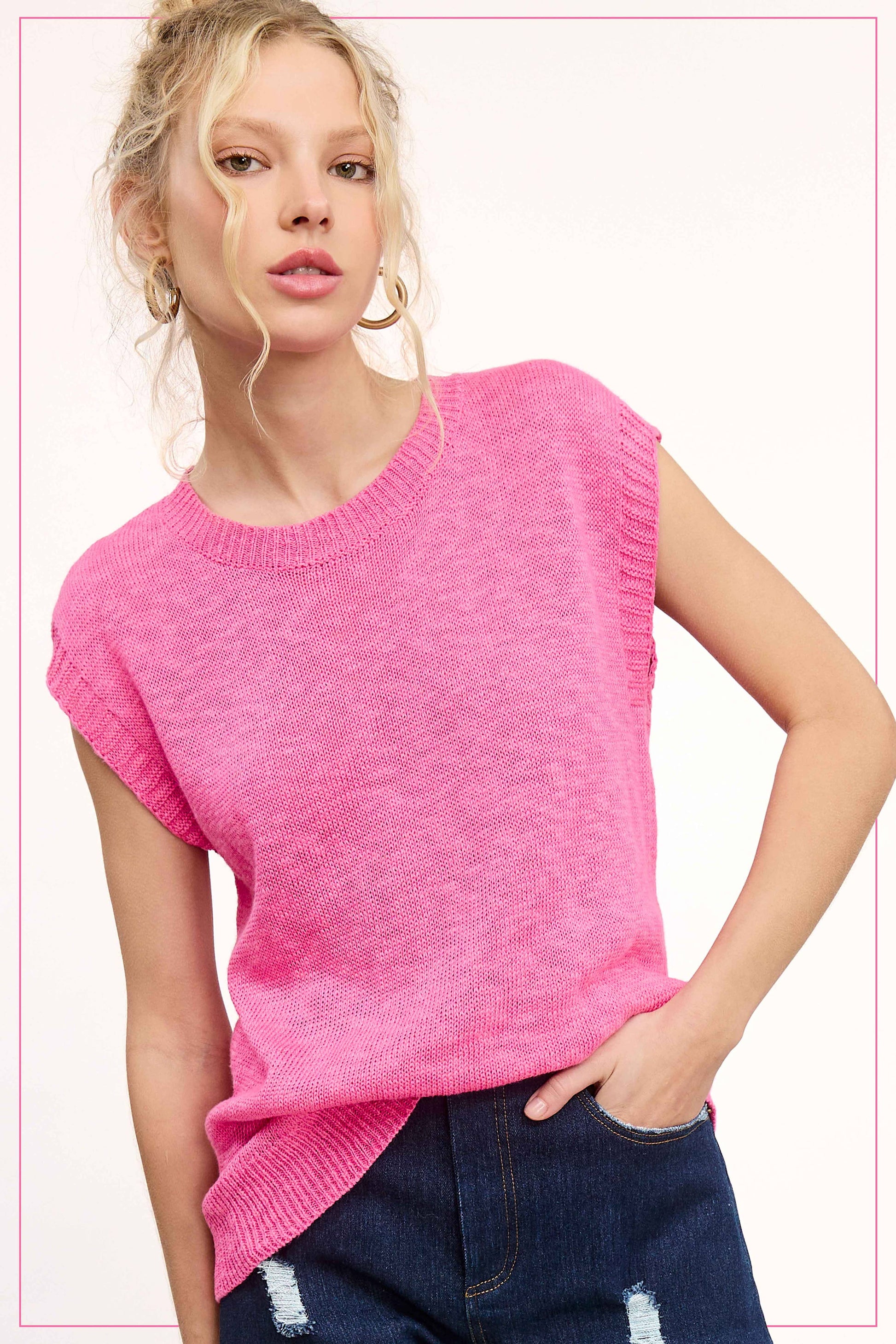 Loose Fit Sleeveless Ribbed Knit Crew Neck Top - Whimsical Details - ["Milk","sweater Tank","tank","tank top"]