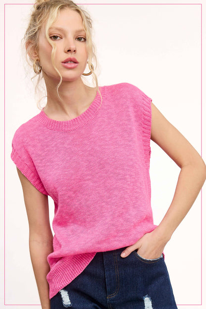 Loose Fit Sleeveless Ribbed Knit Crew Neck Top - Whimsical Details - ["Milk","sweater Tank","tank","tank top"]