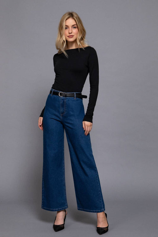 Belted Relaxed Leg Stretch Denim Pants