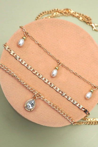 BRENNA MULTI LAYER STONE CHAIN TEARDROP CHARM NECKLACE