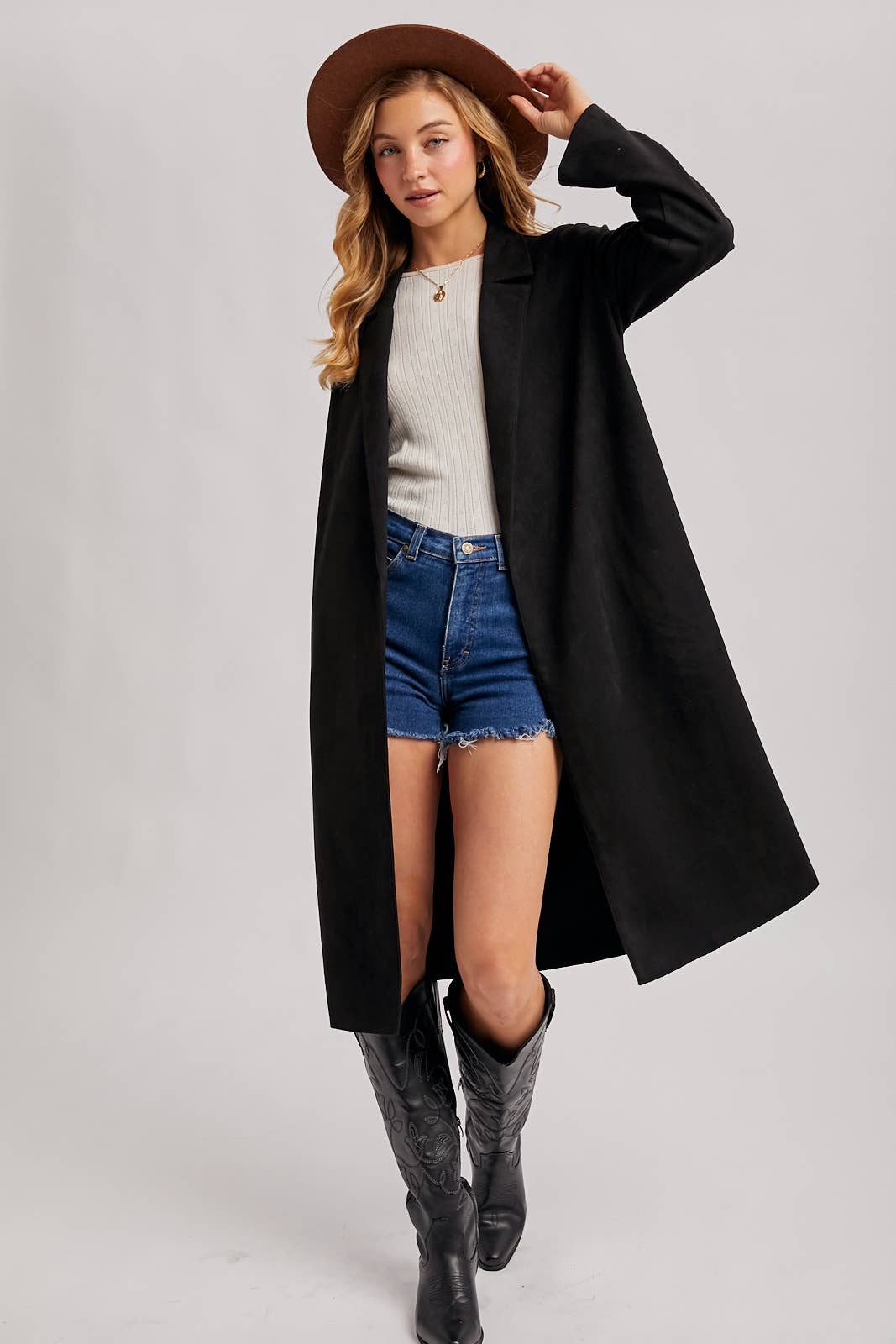 FAUX SUEDE LONGLINE OPEN FRONT COAT