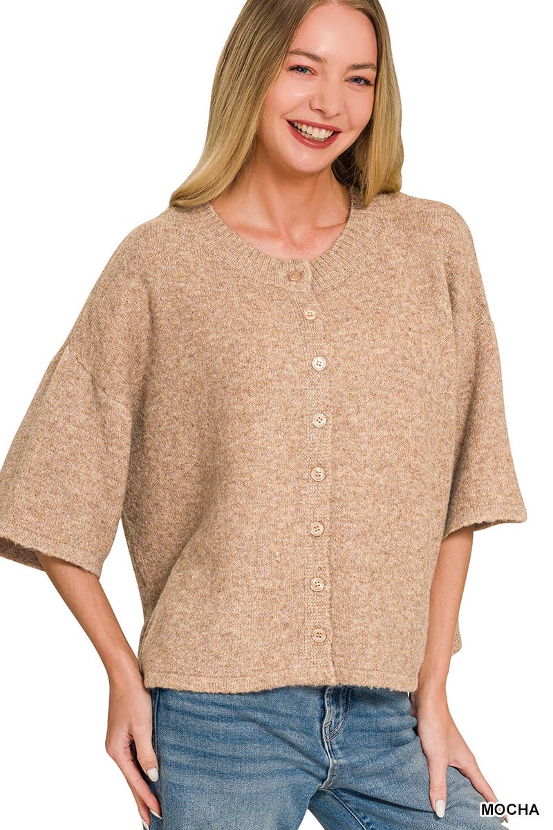 Wool Blend Short Sleeve Cardigan Sweater