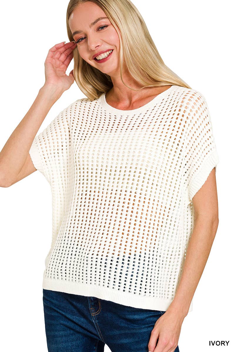 Viscose Crochet Knit Sheer Hollow Sweater - Whimsical Details - ["Brown sweater","cream sweater","crochet","knit","knit sweater","knitted","Light Sweater","short sleeve sweater","sweater","Sweater Vest"]