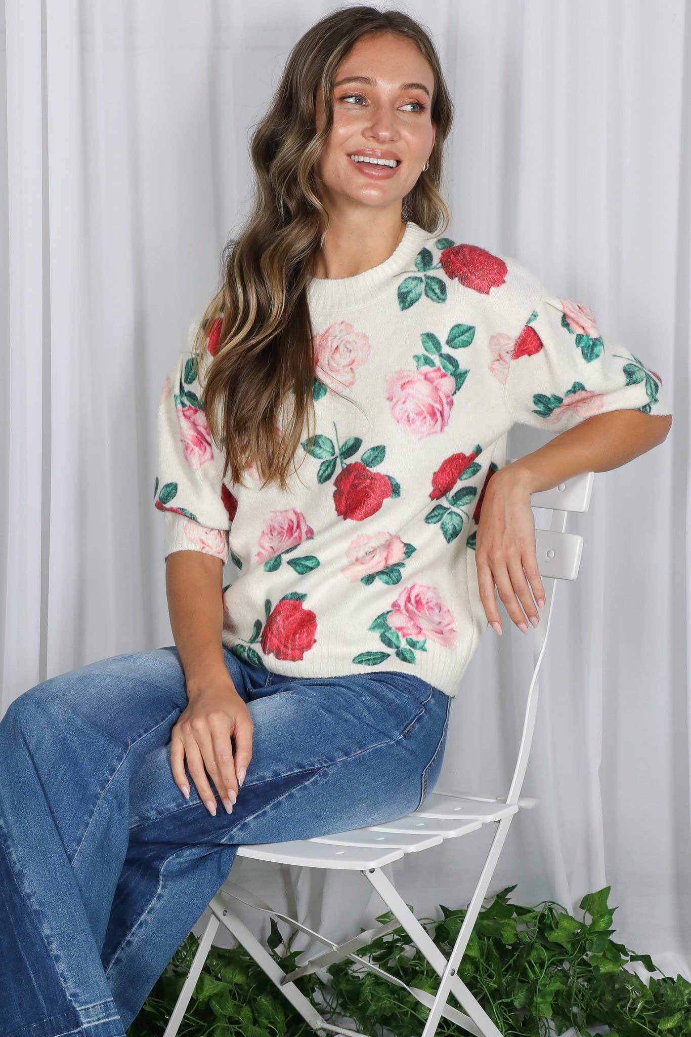 English Roses Crew Neck Cozy Soft Knit Sweater
