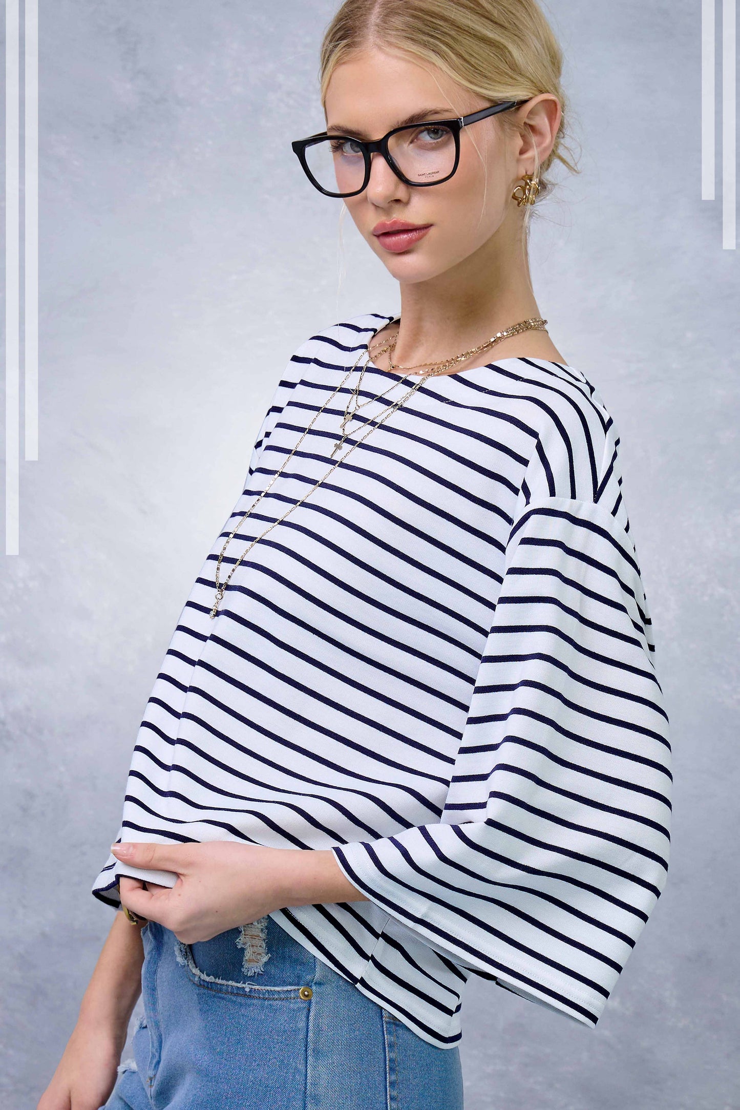 Striped Semi Crop Top with 3/4 Bell Sleeves