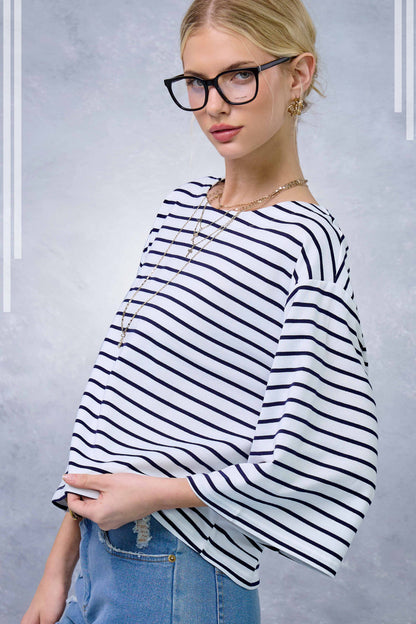 Striped Semi Crop Top with 3/4 Bell Sleeves