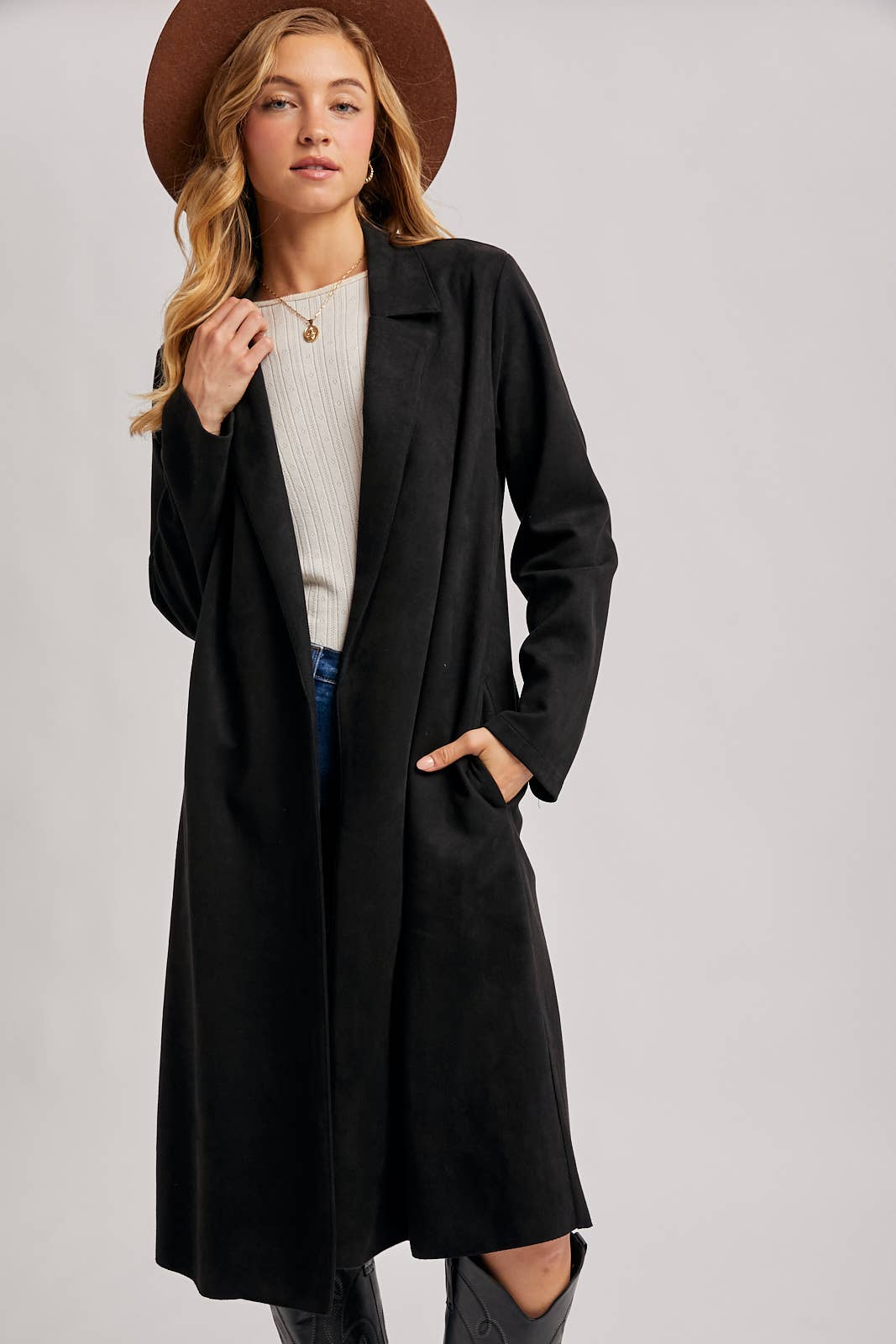 FAUX SUEDE LONGLINE OPEN FRONT COAT
