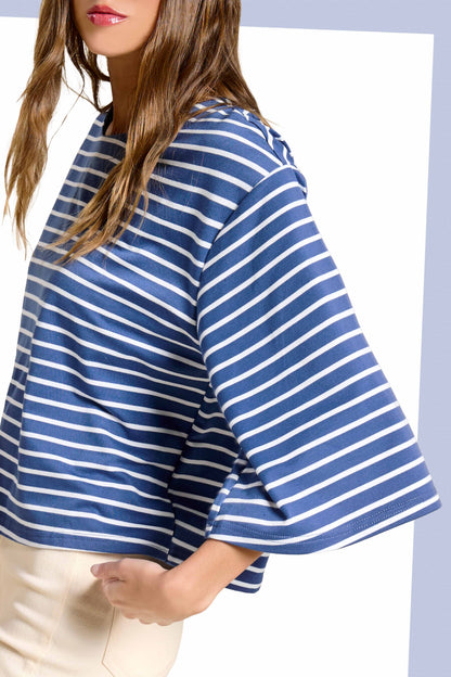 Striped Semi Crop Top with 3/4 Bell Sleeves
