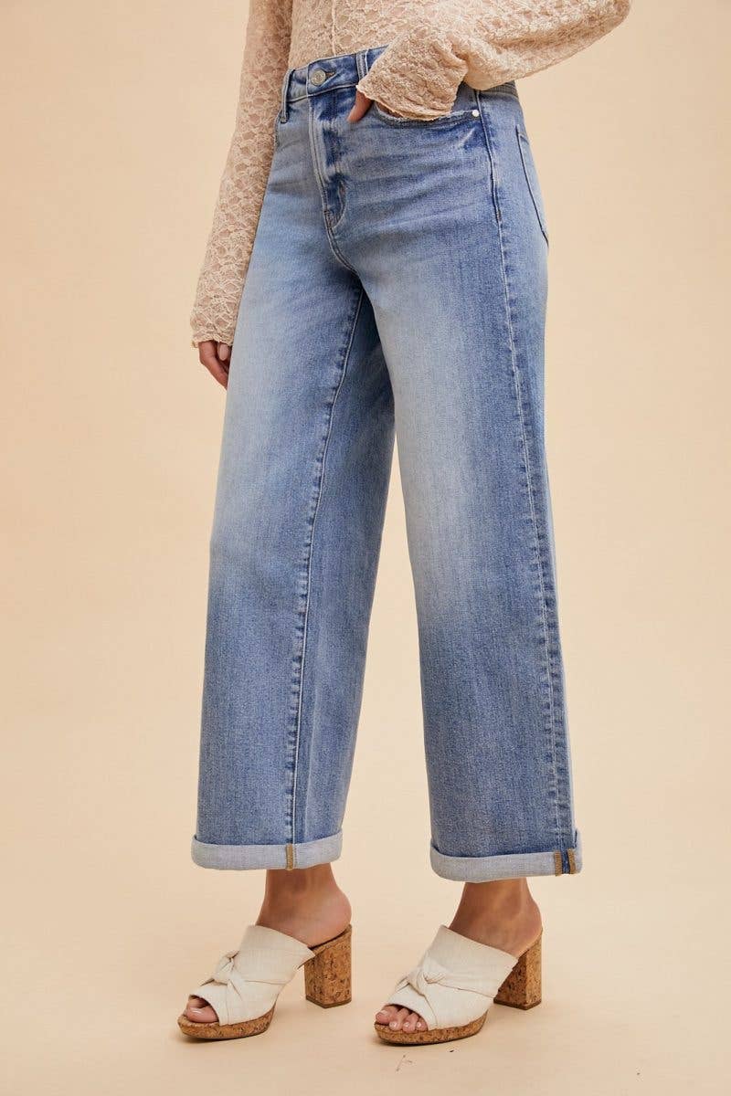 Stretch High Rise Wide Leg Roll-up Jean