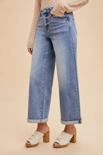 Stretch High Rise Wide Leg Roll-up Jean