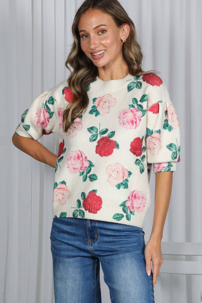 English Roses Crew Neck Cozy Soft Knit Sweater