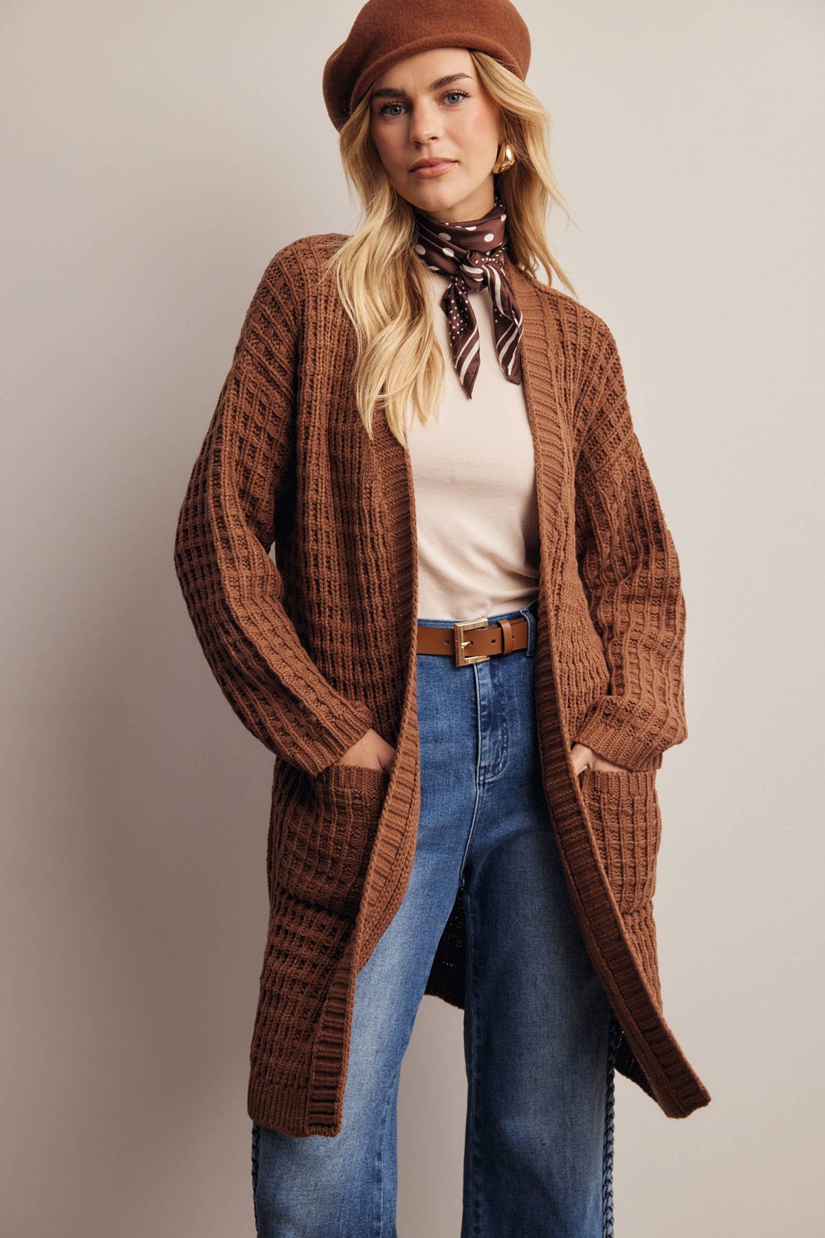 Waffle Knit Open Front Long Cardigan