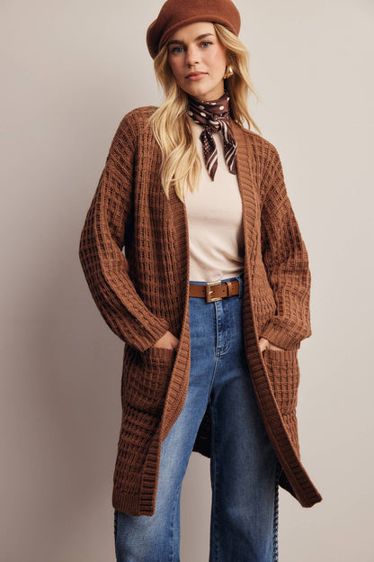 Waffle Knit Open Front Long Cardigan