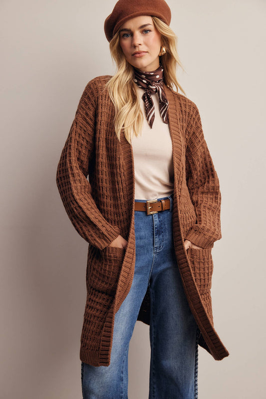 Waffle Knit Open Front Long Cardigan
