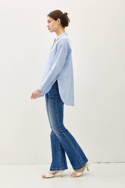 COTTON LINEN BLEND LONG SLEEVE BUTTON UP SHIRT - Whimsical Details - ["button down","button up","buttons","denim shirt","Long sleeve","shirt"]