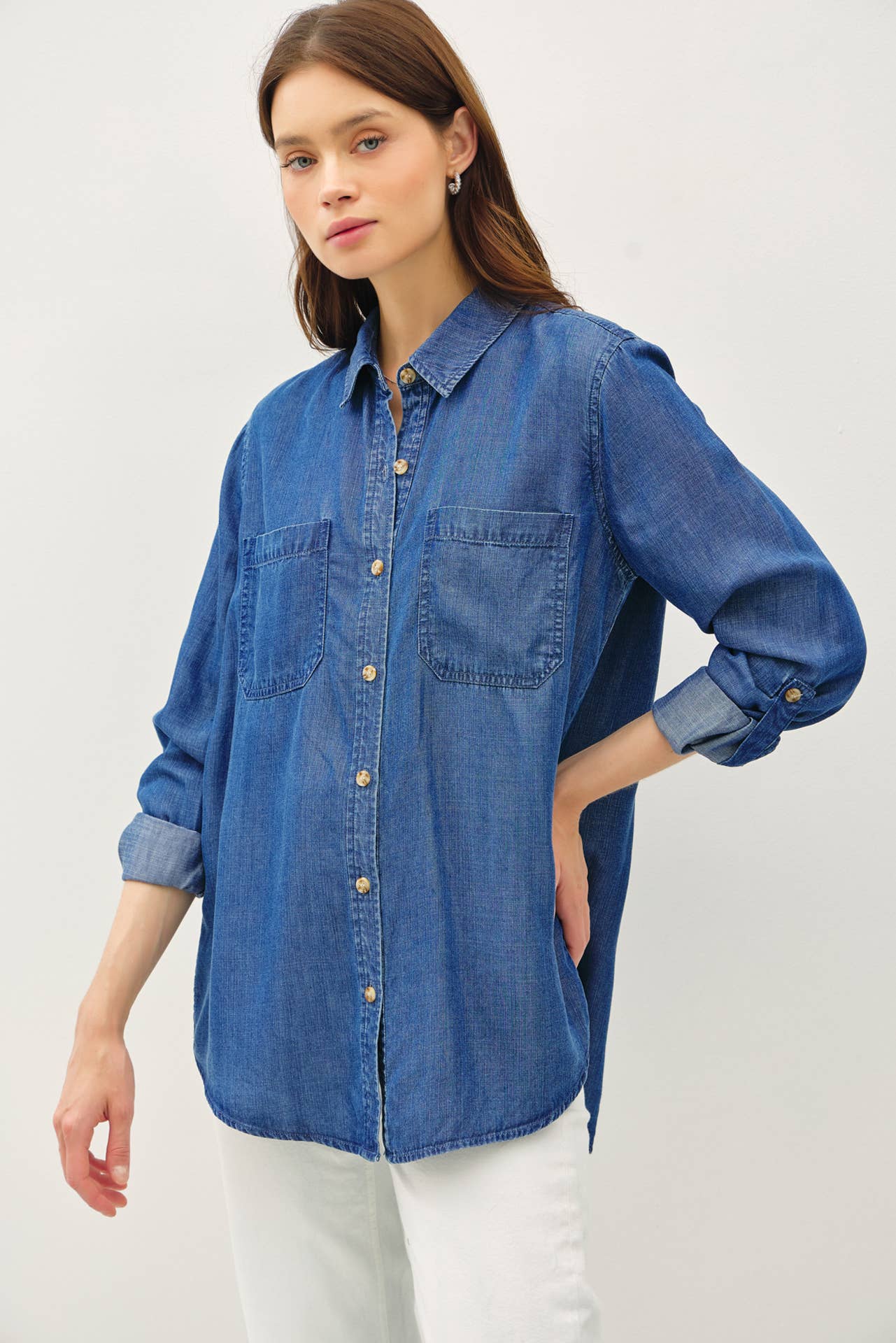 DENIM TENCEL BUTTON UP OVERSIZED SHIRT