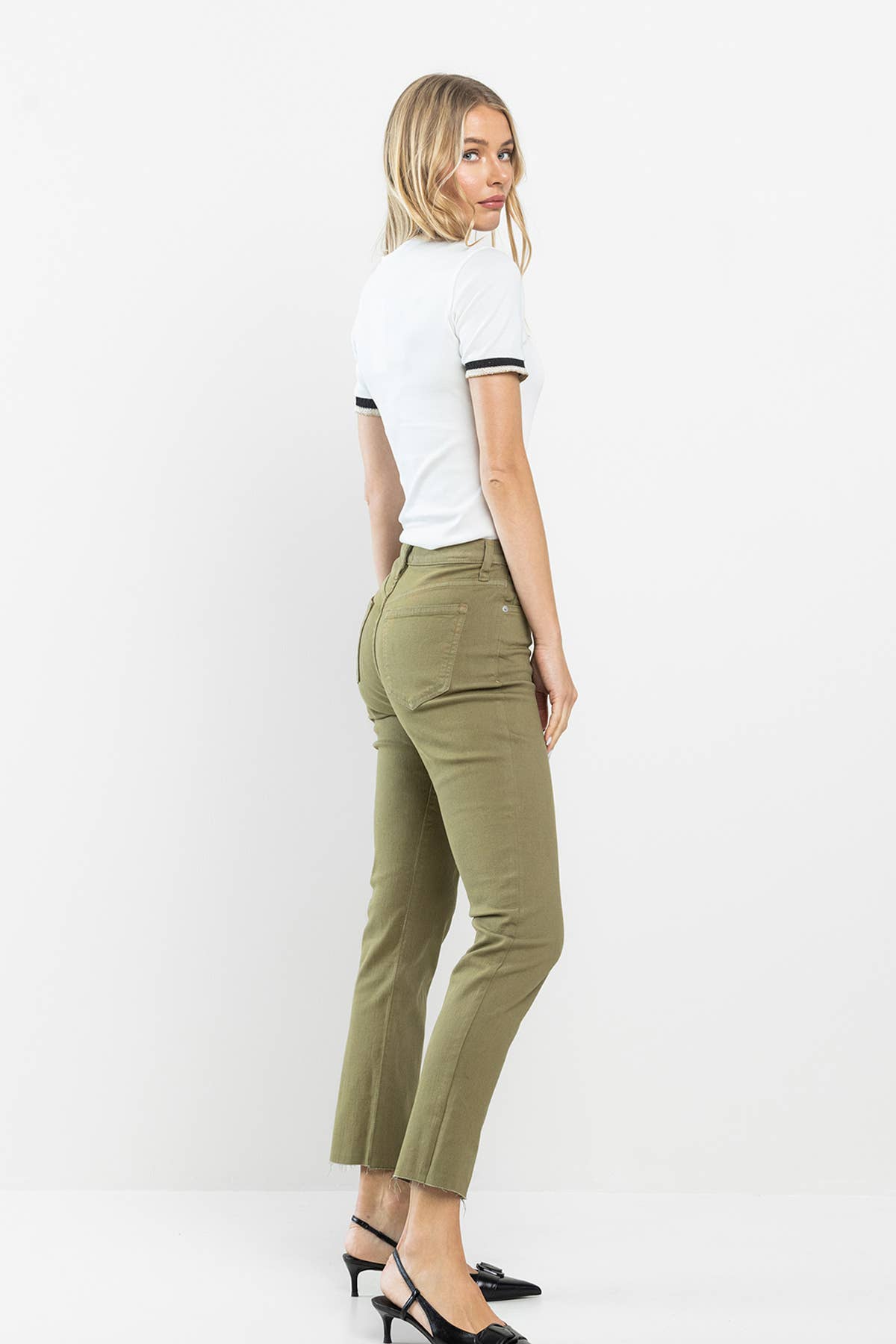 High Rise Slim Straight Green Pants